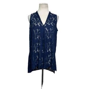 Blue lace sleeveless v neck sheer blouse size large